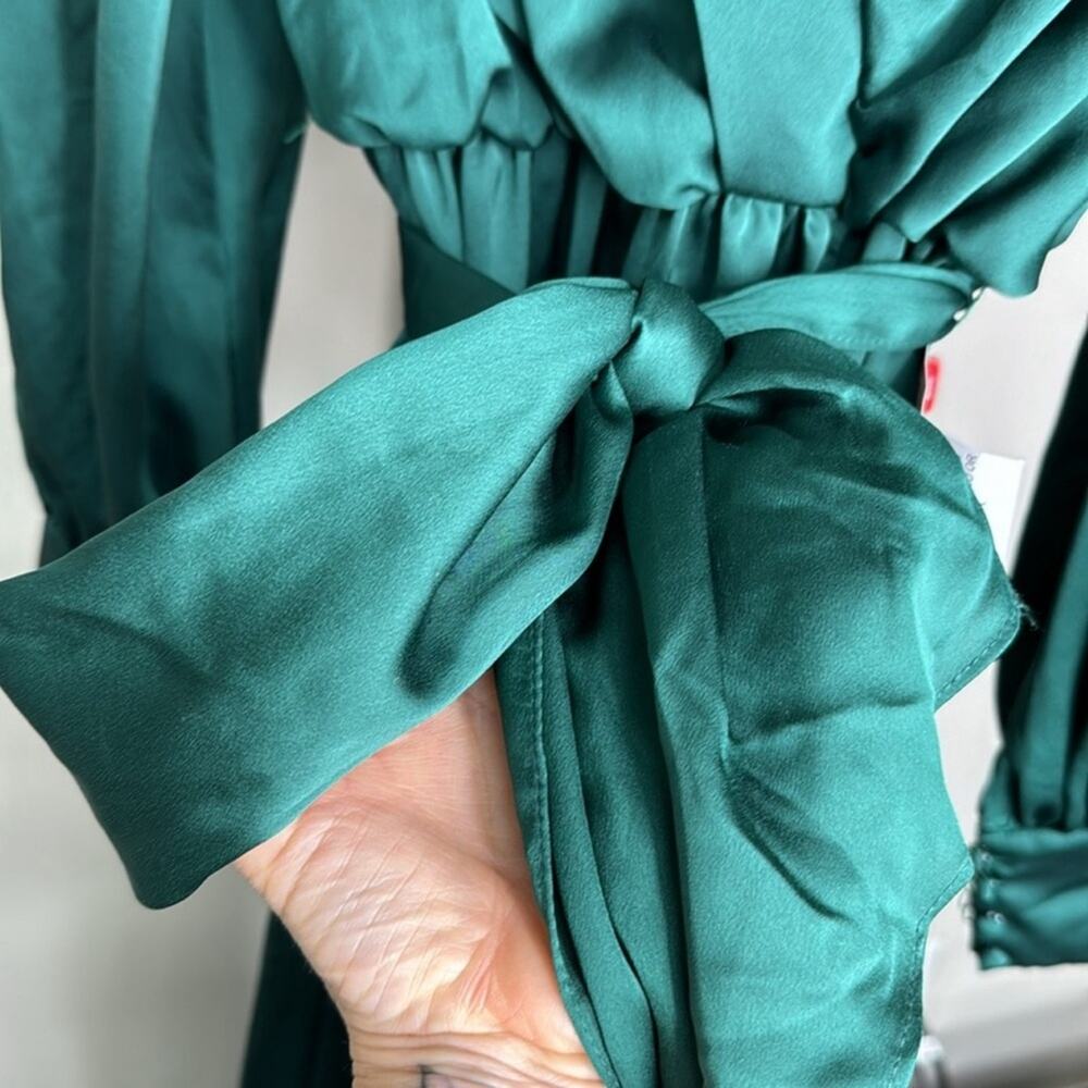 NWT MAC DUGGAL 49146 Deep Green Bishop Sleeve Faux Wrap Maxi Tie Waist Gown - Picture 7 of 11